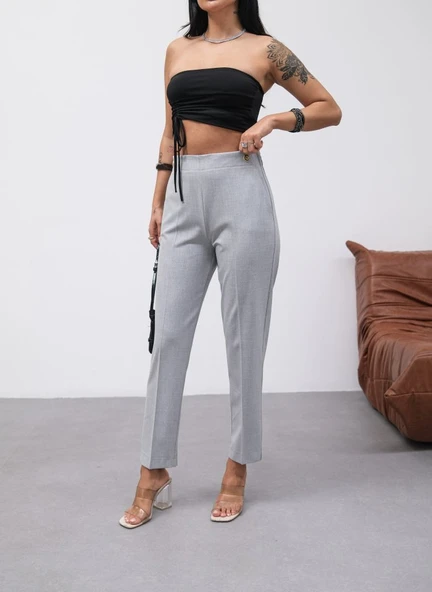 Dekorati̇f Düğmeli̇ Arka Bel Lasti̇kli̇ Pantolon - 3