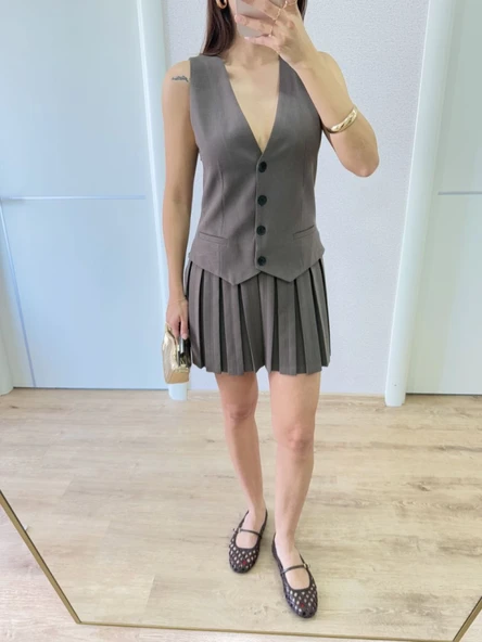 Takım Görünümlu Yelekli Mini Elbise- Füme ürün görseli