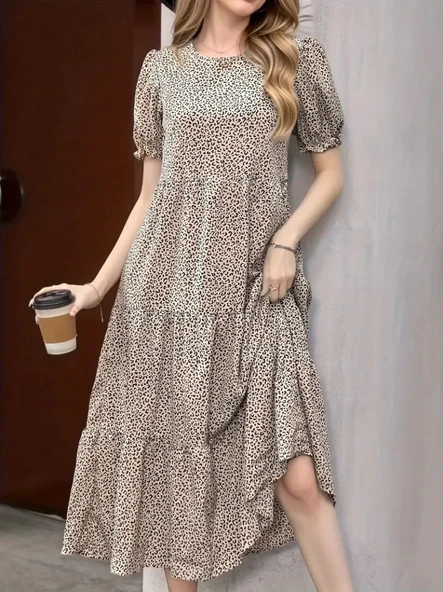 Kadın Mini Leopar Desen Midi üç Kat Elbise - Resim 3