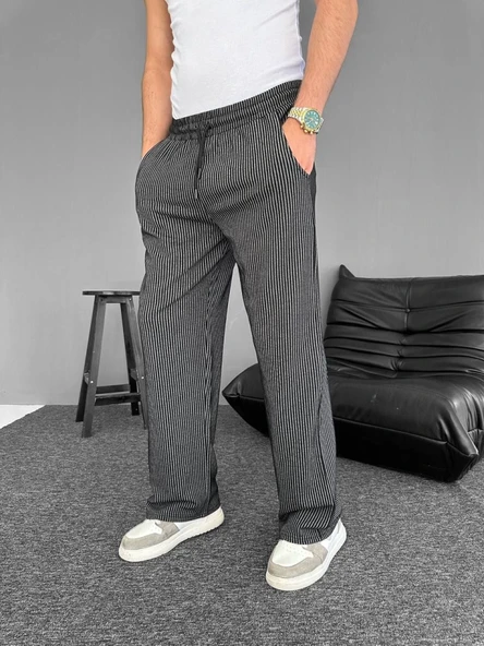 Su Yolu Çizgili Cepli Pantalon - Siyah - Resim 3