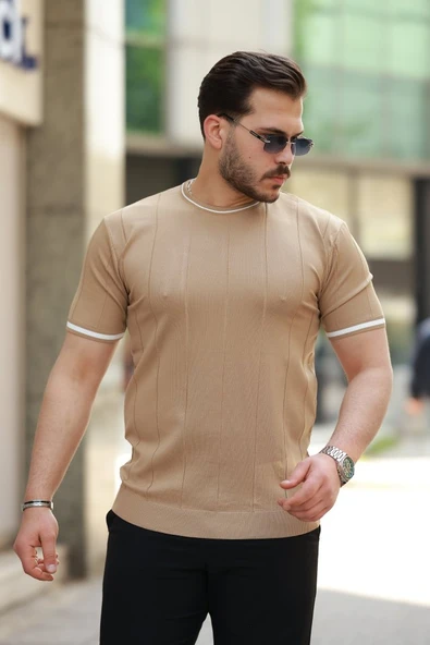 Erkek Bisiklet Yaka çizgi Desenli Ribanalı Kısa Kollu Tshirt ürün görseli