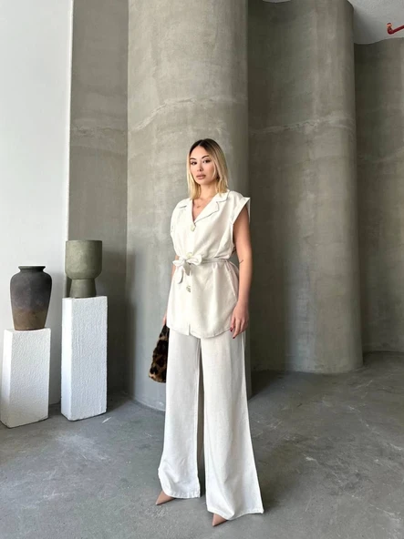 Keten Sıfır Kol Kuşaklı Ceket Pantolon Ikili Takım - Beyaz - Resim 4