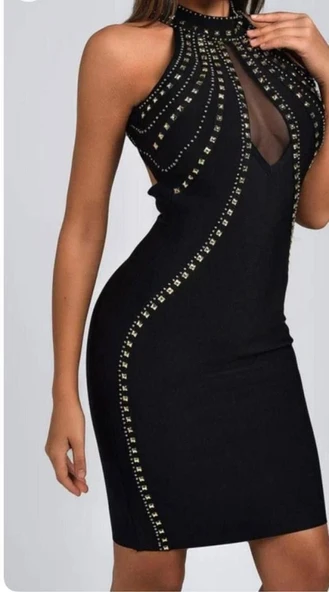 Kadın Dalgıç Kumaş Taş Detaylı Mini Boy Elbise - Resim 2