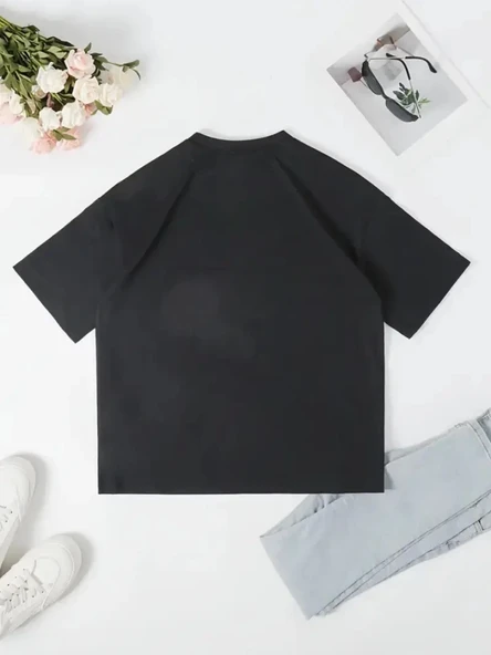Baskılı Oversize Bisiklet Yaka T-shirt - Siyah - Resim 4