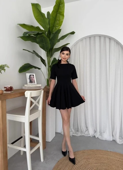 Crem Pliseli Elbise - Resim 4