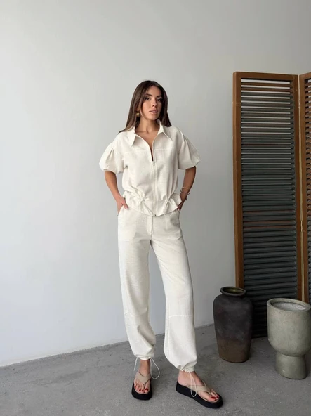 Keten Tam Fermuarlı Kısa Kollu Gömlek Pantolon Ikili Takım - Beyaz
