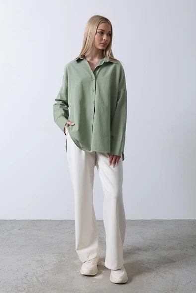 Geniş Manşet Detaylı Gömlek - Haki - Resim 2
