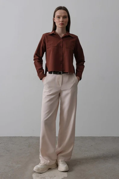 Kemerli Palazzo Pantolon - Pudra - Resim 2