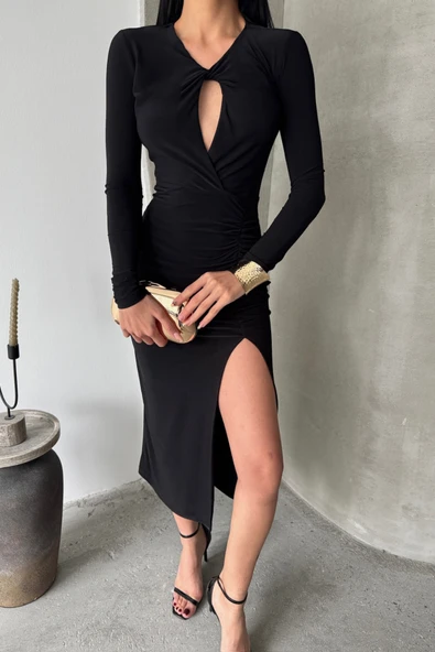 SANDY ELBİSE BÜZGÜ DETAYLI - Siyah - Resim 3