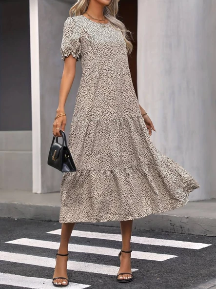 Kadın Mini Leopar Desen Midi üç Kat Elbise - Resim 6