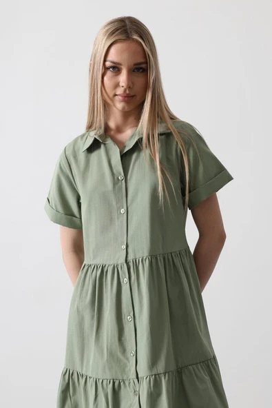 Kısa Kol Düğmeli Elbise - Haki - Resim 4