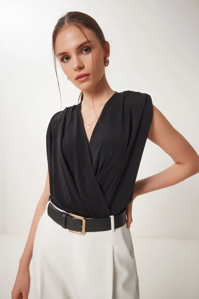 Kadın Sendy Kumaş Kruvaze Yaka Vatkalı Bluz - Resim 2