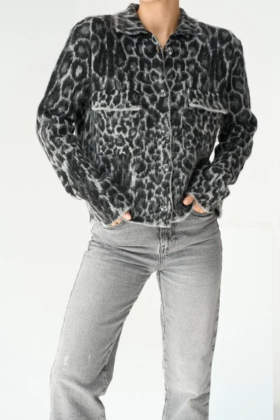 Leopar Desen Jakarlı Hırka - Siyah-Açık Gri - Resim 2