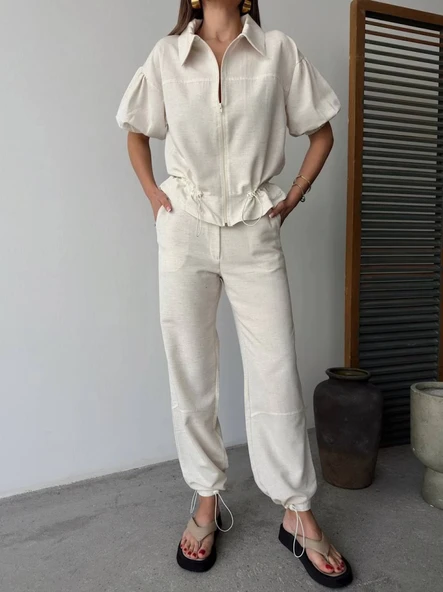 Keten Tam Fermuarlı Kısa Kollu Gömlek Pantolon Ikili Takım - Beyaz - 4