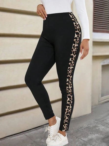 Kadın Yüksek Bel Yanları Leopar şerit Detay Dalgıç Tayt - Resim 11
