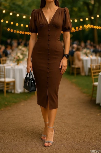 Kadın V Yaka Önü Düğmeli Sırt Pencere Dekolte Elbise ürün görseli