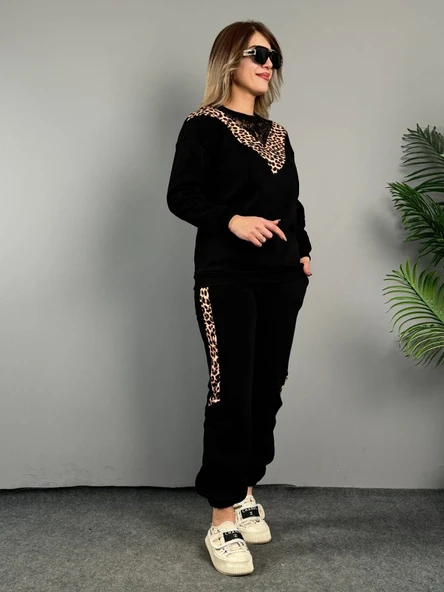 Kadın üç Iplik Kumaş Leopar Desenli Dantel Detaylı Ikili Takım - Resim 2