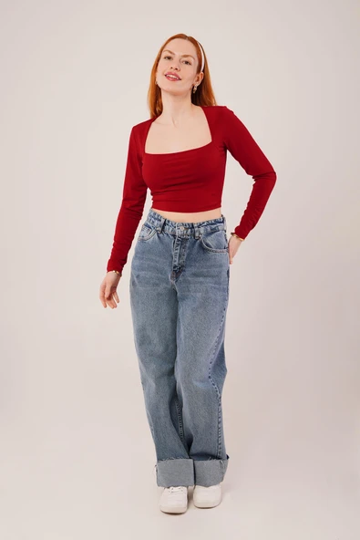 Kare Yaka Basic Bordo Bluz - Resim 3