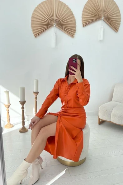 Oranj Boydan Düğmeli Deri Elbise - Resim 2