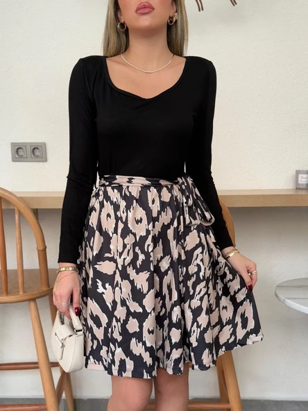 Kadın Uzun Kollu Kare Yaka Viskon Bluz Alt Süprem Baskılı Belden Kuşaklı Kısa Elbise - Resim 2