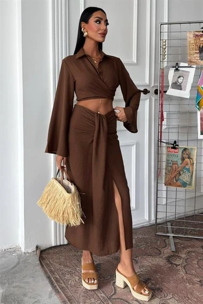 Crop Gömlekli Ve Eteği Büzgülü Tasarım Takım 10195 ürün görseli