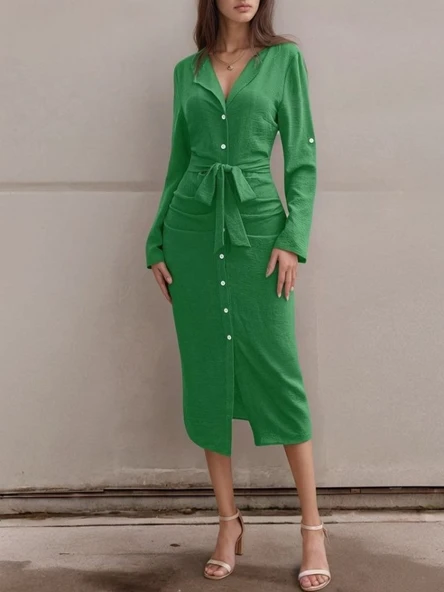 Kadın Uzun Kollu önden Düğmeli Beli Kuşaklı Aerobin Midi Elbise - Resim 2