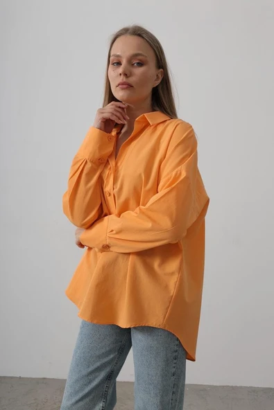 Geniş Manşet Detaylı Gömlek - Kavun - Resim 4