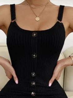 Kadın Kolsuz Askı Halka Detay önü Düğmeli Midi Boy Yırtmaçlı Fitilli Kaşkorse Elbise - Resim 2