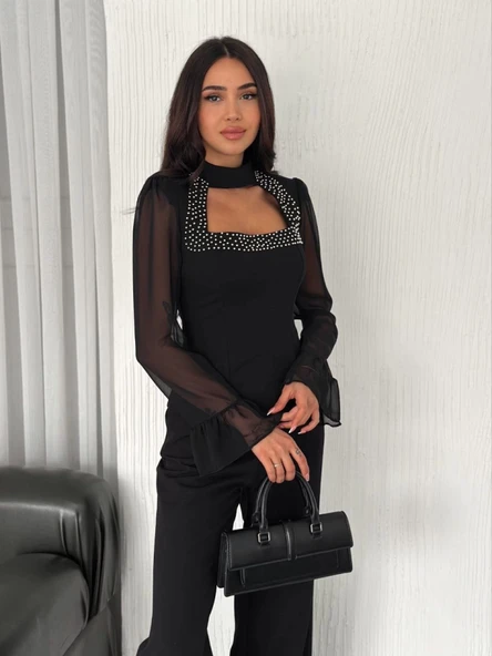 Kolları Şifon Göğüste İnci Boncuk Detaylı Bluz - Siyah - Resim 3