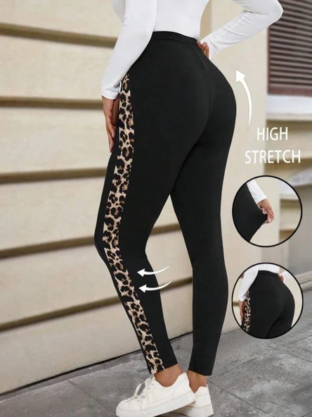 Kadın Yüksek Bel Yanları Leopar şerit Detay Dalgıç Tayt ürün görseli