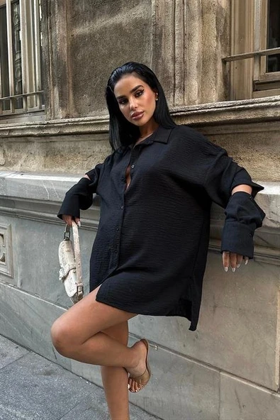 Alina Kol Cut Out Keten Gömlek 3252-08 - Resim 4