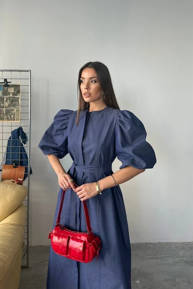 TENCEL KARPUZ KOL ELBİSE - İndigo - Resim 2