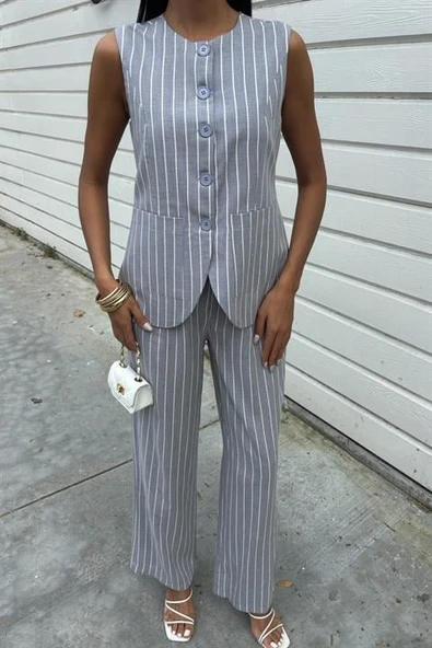 Çizgili Viscon Keten Yelekli Rahat Takım 10121 - Resim 6