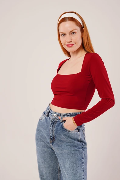 Kare Yaka Basic Bordo Bluz - Resim 4