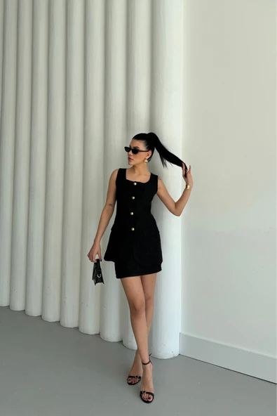 JAKAR KETEN YELEK - KISA ETEK TAKIM - Siyah - Resim 2