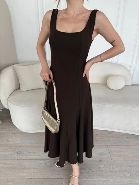 Sırt Dekolteli Kolsuz Uzun Elbise - Kahverengi ürün görseli