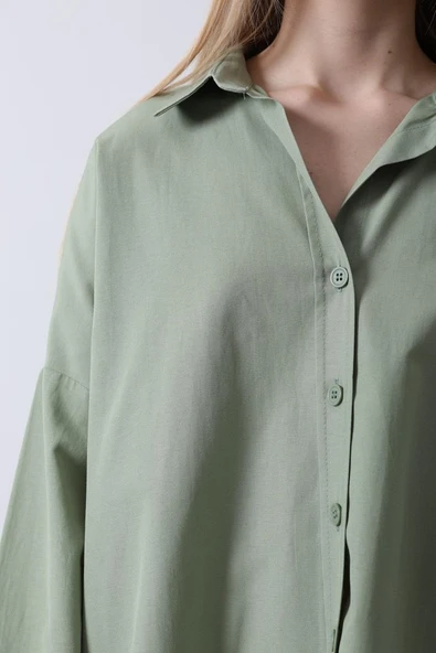 Geniş Manşet Detaylı Gömlek - Haki - Resim 4