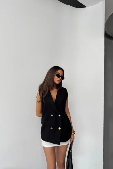 GOLD DÜĞMELİ KETEN YELEK - Siyah - Resim 2