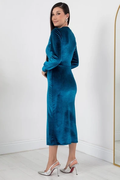 Kadın Kadife Kumaş Manşetli V Yaka Şık Kalem Elbise - Resim 8