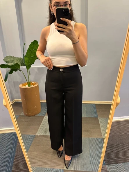 Yüksek Bel Palazzo Metal DüğmePantolon - Resim 2