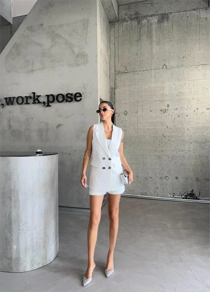 KETEN YELEK - ŞORT TAKIM - Beyaz - Resim 2