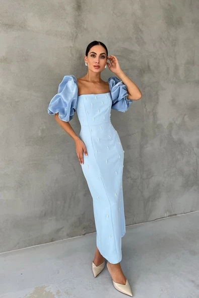 Bebe Mavi İşlemeli Kolu Garnili Elbise ürün görseli