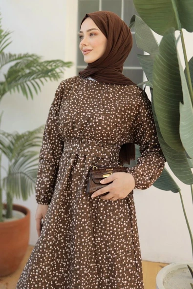 Kadın Papatya Desen Bisiklet Yaka Belden Bağlamalı Elbise - Resim 6