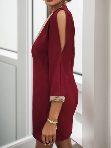 Kadın Uzun Kollu Yaka Ve Kol Manşet Güpürlü Detay Krep Mini Boy Elbise - Resim 6