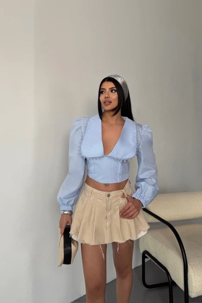 CROP POPLİN GÖMLEK YAKA KENAR DANTEL DETAYLI - Bebe Mavi