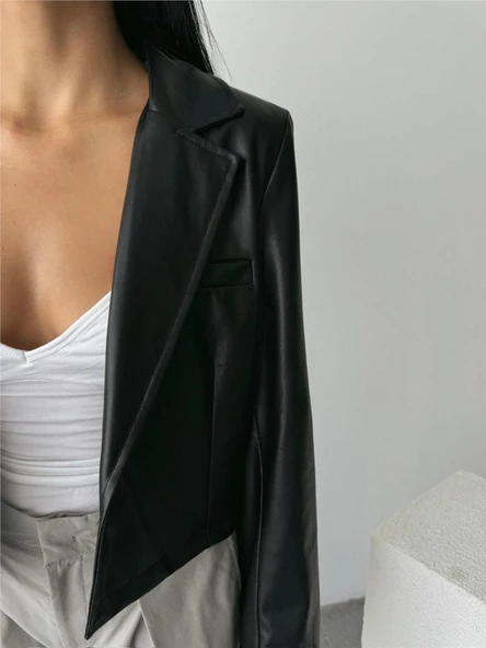 DERİ CROP CEKET TEK DÜĞME - Siyah - 3