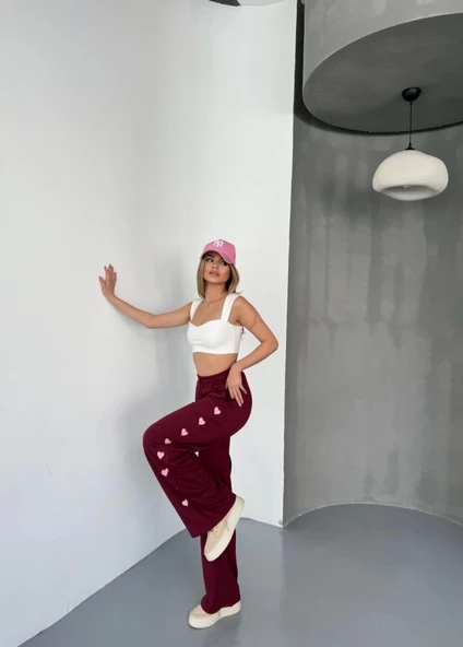 Osy Modal Yumuşak Dokulu Kumaş Nakış Işlemeli Rahat Bol Paça Eşofman Pantalon - Bordo - Resim 3