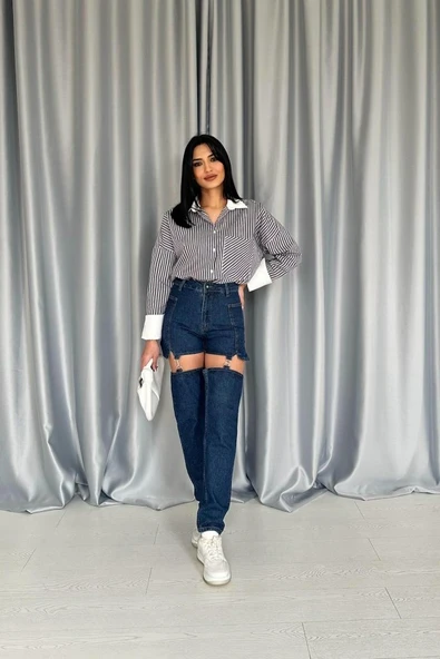 Mavi Askılı İki Parça Jeans Pantolon - Resim 2