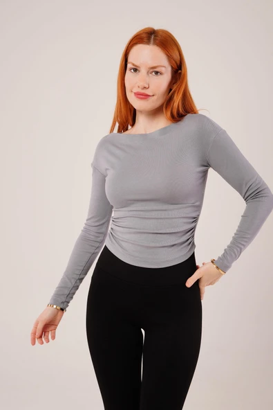 Yaka Detay Uzun Kollu Basic Gri Bluz - Resim 4