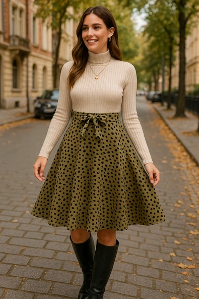 Kadın Uzun Kollu Balıkçı Yaka Belden Bağlamalı üst Kaşkorse Eteği Dalgıç Elbise ürün görseli